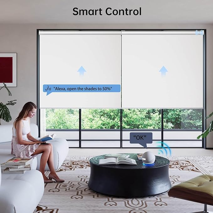 Motorized Coupled Shades, Falme Resistant Smart Solar Shades for Large Windows Automatic Blinds Compatible with Alexa, Electric Roller Blinds Customized for Home Office(1% Openness White)