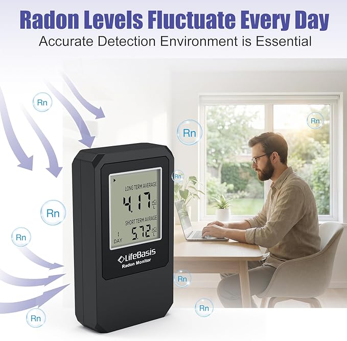 LifeBasis Radon Detector, Radon Test for Home with Long and Short Term Radon Meter, Home Radon Gas Monitor US Version-pCi/L (Update Version, Matte Black)