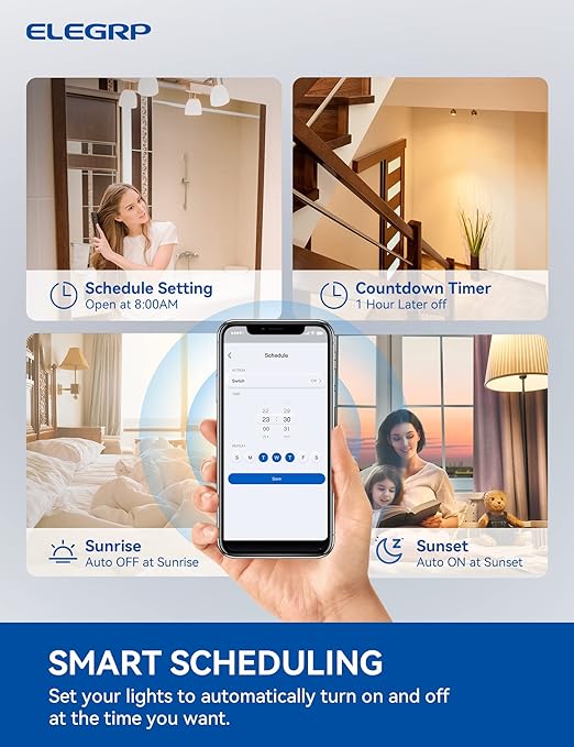 ELEGRP Smart Light Switch, 2.4GHz Wi-Fi Light Switch Compatible with Alexa & Google Assistant, Neutral Wire Required, APP Control and Timer Schedule, UL Certified,Single Pole, White, 4 Pack