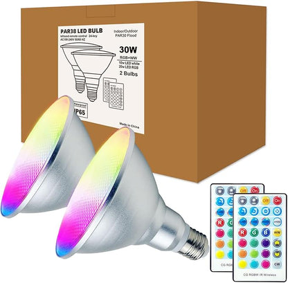 2 Pack,PAR38 RGBW LED Bulbs,30WRGB+Warm+Cool White(2700K-6500K), LED Flood Light,Indoor/Outdoor,IR Remote Control, Timing,Waterproof Lawn Lamp for Home Courtyard Christmas Party Decoration