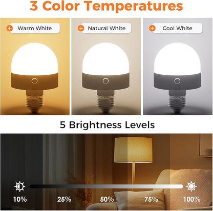 TJOY E26 Rechargeable Light Bulb with Remote and Timer, Battery Operated Bulb with 3 Color Temperatures and 15 RGB Colors, Dimmable Wireless LED Bulb for Lamps, Detachable Charging for Sconces, 2 Pack