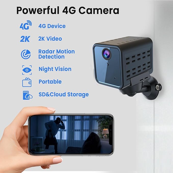 javiscam 4G No WiFi Security Camera, Cellular Security Camera, SIM Inserted, 2K QHD Indoor Camera, Radar Motion, 20-Day Standby Time, Indoor/Car/Trail Use, Portable & Reliable Security Solution