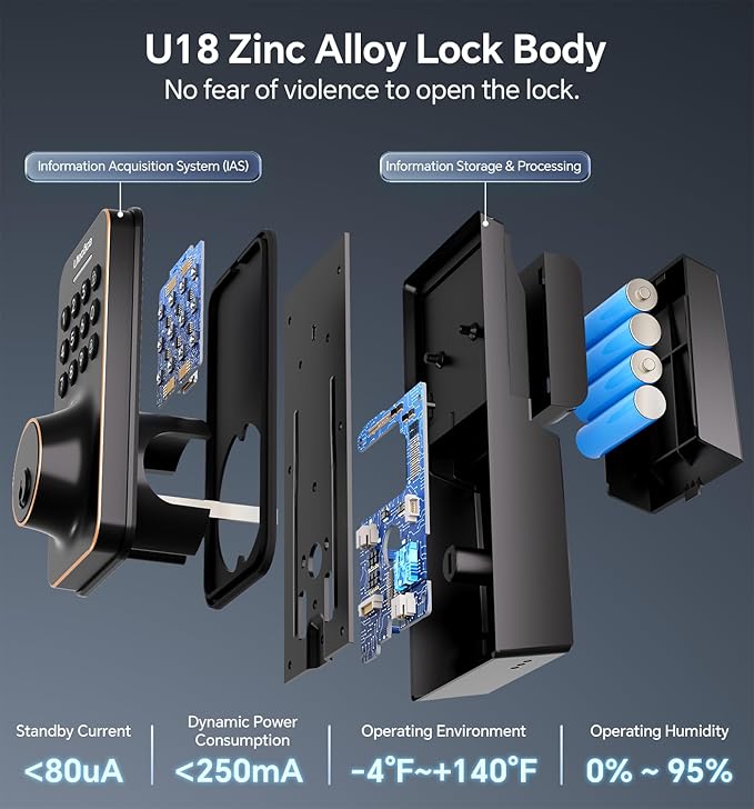 Ulecoce Keyless Entry Keypad Deadbolt with Handle Set, Auto-Lock + One-Touch Lock, 100 Codes + Easy Install, Ideal for Airbnb/Homes/Offices, Fits U.S. Standard Front Doors, Oil Rubbed Bronze