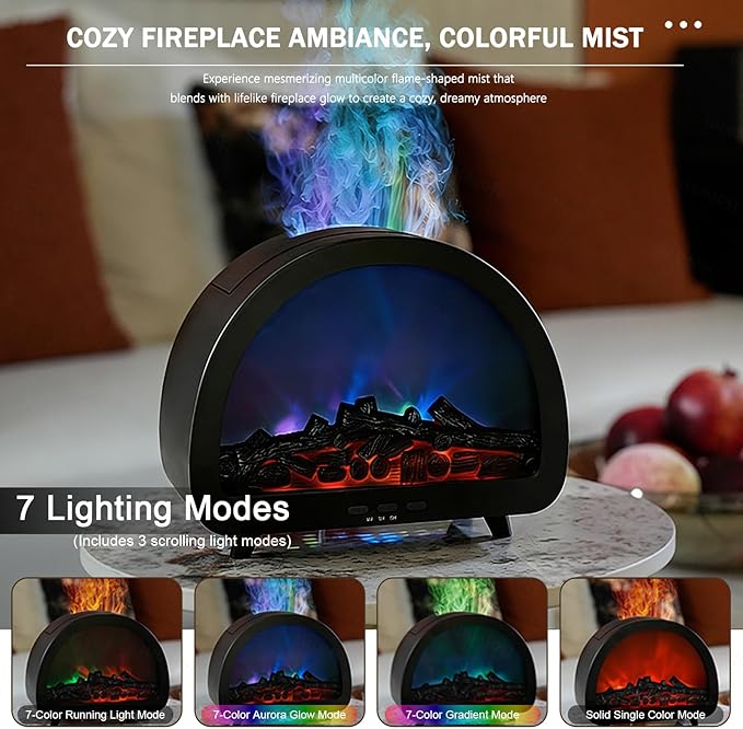 Fireplace Flame Essential Oil Diffuser - 7 Color Ultrasonic Aromatherapy Humidifier with 7-Mode Running Lights, Remote Control, 3 Timer, 200ml Noiseless for Home Bedroom Office (Black)
