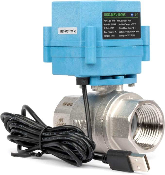 U.S. Solid WiFi Smart Motorized Ball Valve 1 Inch NPT 2-Way 304 Stainless Steel Electric Actuated Valve USB Powered NSF Certified for Water Irrigation
