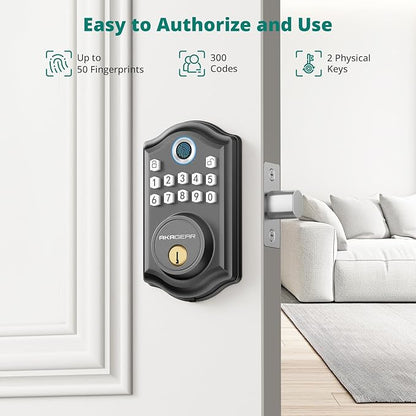 AkaGear Keyless Entry Door Lock with Fingerprint - Door Locks with 2 Keys, Electronic Keypad Deadbolt, Smart Door Locks, Smart Locks for Front Door, Auto-Lock & One Touch Locking - Matte Black