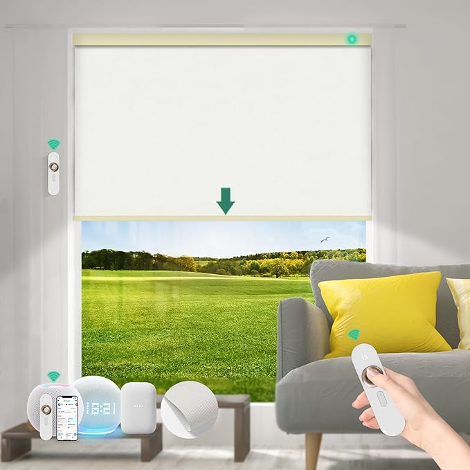 Motorized Blinds with Remote [100% Blackout & Silent Motor] Smart Blinds Compatible with Alexa Google HomeKit, Electric Roller Shades for Indoor Windows, Customized Size, Linear Light Yellow