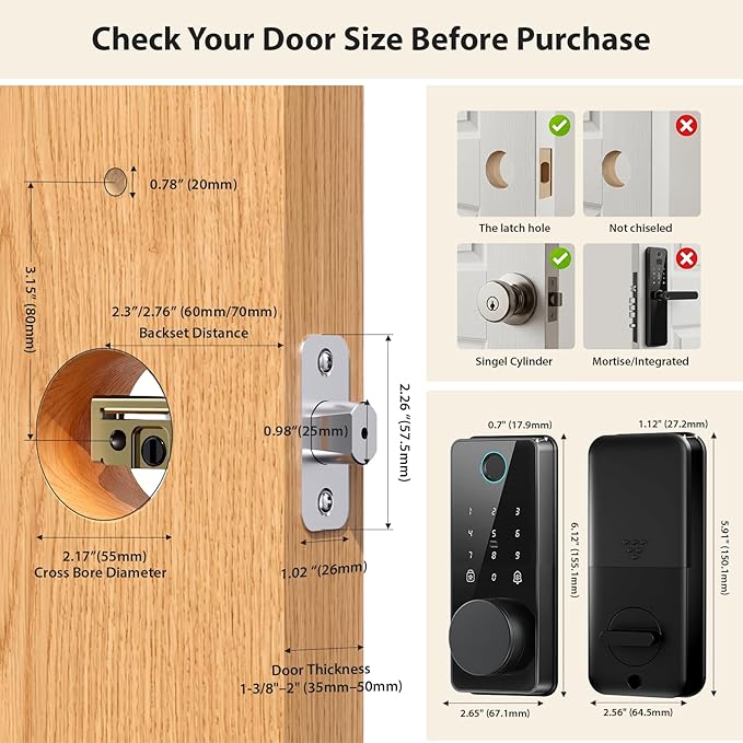 Keyless Entry Door Lock, Biquole Smart Lock with App Control, Fingerprint Door Lock, Electronic Keypad Deadbolt, Auto & One Touch Lock | Digital Smart Door Locks | Easy Installation | IP54 Waterproof