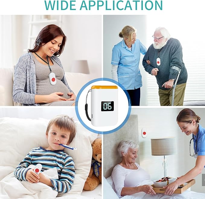 Caregiver Pager Wireless Call Button for Elderly Monitoring Vibration Call Bell Medical Alert System with Digital Display for Elderly (6 Call Buttons + 1 receivers)
