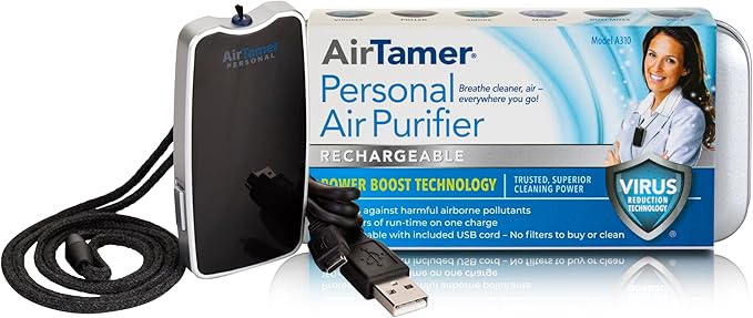 AirTamer A310 Personal Air Purifier Necklace – Rechargeable Wearable Air Cleaner for Travel, Office & Everyday Use - Silent, Lightweight, Black with Metal Case