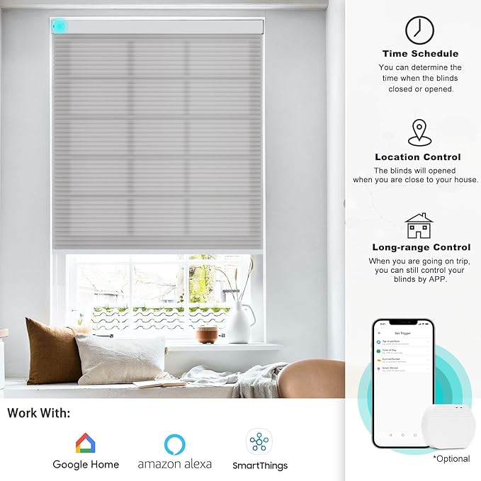 Changshade Motorized Cellular Shades with Remote Control, Smart Blinds Alexa, Google Home, Smarthings for Indoor Windows Doors, Electric Automatic Honeycomb Blind Custom Size, Light Filtering, Grey