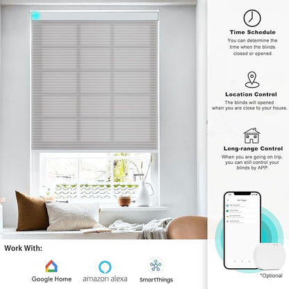 Changshade Motorized Cellular Shades with Remote Control, Smart Blinds Alexa, Google Home, Smarthings for Indoor Windows Doors, Electric Automatic Honeycomb Blind Custom Size, Light Filtering, Grey