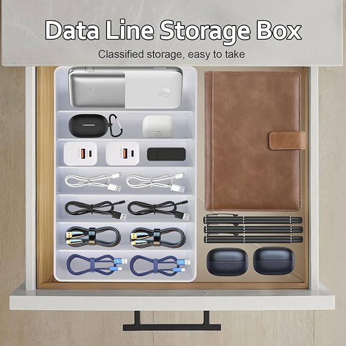 Cable Organizer Storage Box with 7 Wire Ties,Power Cord Organizer with 7 Compartments for Office,Home,Desk Accessories Storage Stationery Supplies (Large Size)