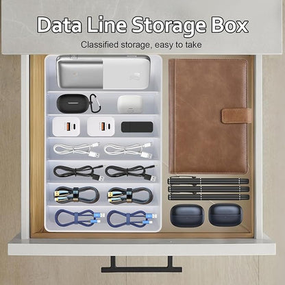 Cable Organizer Storage Box with 7 Wire Ties,Power Cord Organizer with 7 Compartments for Office,Home,Desk Accessories Storage Stationery Supplies (Large Size)