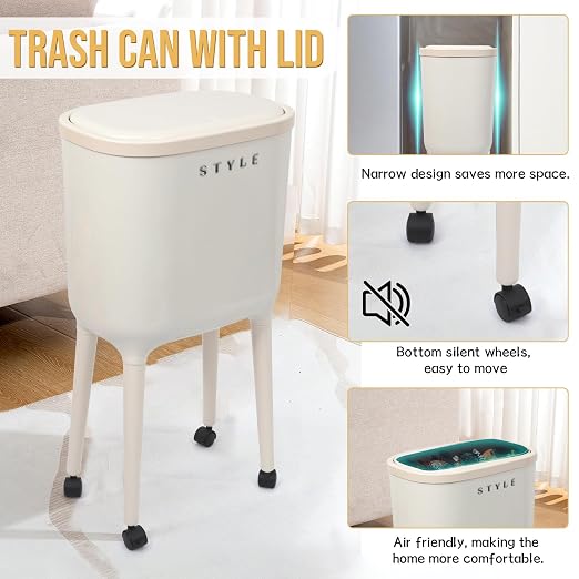 XPIY 4 Gallon Bathroom Trash Can with Wheels and Lid, Slim Garbage Bin