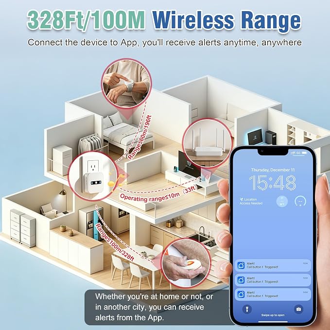 DAYTECH WiFi Caregiver Call Button Calls Phone, 2Button 1 Wrist 1 Receiver | Emergency Button for Seniors with App Alert, 2.4GHz WiFi Only, Senior Alarm Home Care, Bedside Bathroom Use