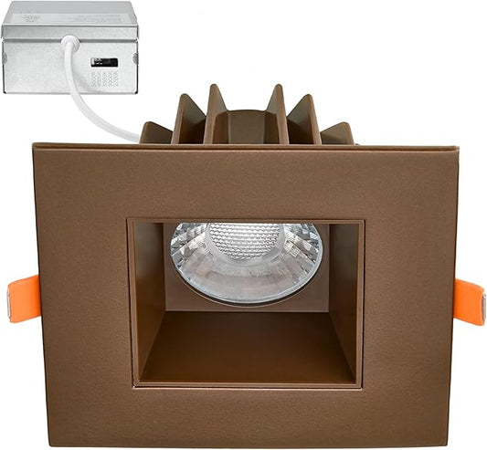 Maxxima 4 in. Ultra-Thin Recessed Anti-Glare LED Downlight, Canless IC Rated, 5 Color Temperature Selectable 2700K/3000K/3500K/4000K/5000K, Dimmable Square Bronze Trim, 90 CRI