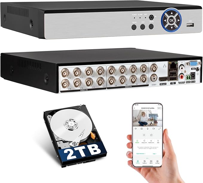 KERUI 16Channel Security Recorder DVR 16CH 5MP Surveillance Video Recorder H.265+ Hybrid 6-in-1 AHD/TVI/CVI/CVBS/IP/XVI Camera DVR with Human Detection, 24/7 Recording(with 2TB Hard Drive)
