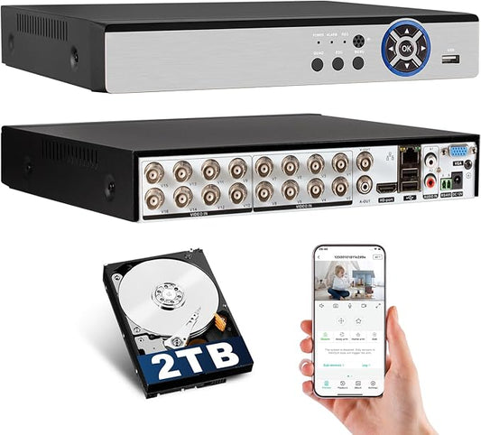 KERUI 16Channel Security Recorder DVR 16CH 5MP Surveillance Video Recorder H.265+ Hybrid 6-in-1 AHD/TVI/CVI/CVBS/IP/XVI Camera DVR with Human Detection, 24/7 Recording(with 2TB Hard Drive)