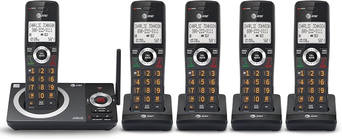 AT&T CL82519 DECT 6.0 5-Handset Cordless Phone for Home with Answering Machine, Call Blocking, Caller ID Announcer, Intercom and Long Range, Black