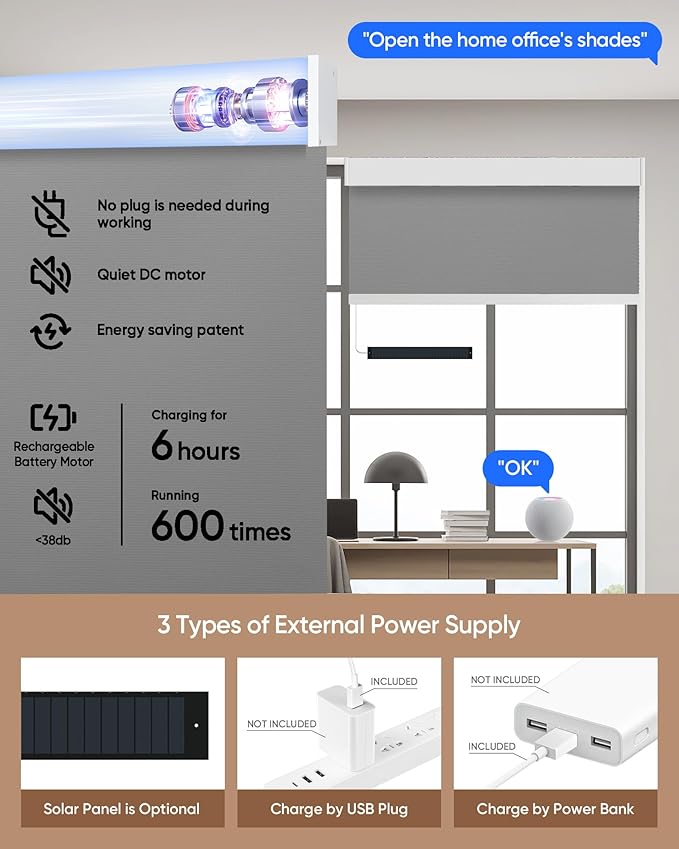 Motorized Blinds with Remote: Kincmo 100% Blackout Roller Shades Work with Apple Homekit,Alexa,Google Home, Customized Electric Blinds with App,Voice Control (100% Blackout Vinyl Grey)