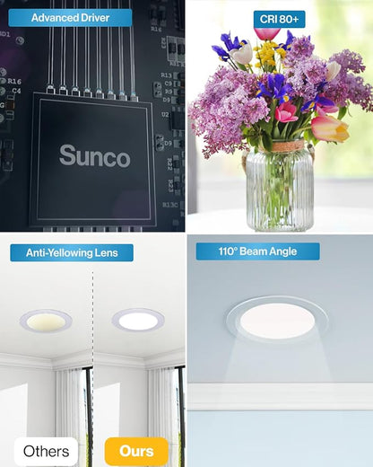 Sunco 12 Pack 4 Inch Recessed Lights, LED Baffle Trim, Selectable CCT 2700K/3000K/4000K/5000K/6000K Dimmable 10W, Canless with Junction Box