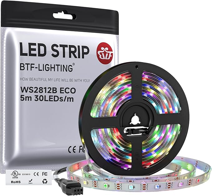 BTF-LIGHTING WS2812B ECO RGB LED Strip,UL Listed,Individually Addressable,16.4FT 30LED/m 150Pixel DC5V 5050SMD,Alloy Wire Flexible for DIY Chasing Color Project IP67(No Adapter or Controller)