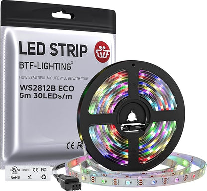 BTF-LIGHTING WS2812B ECO RGB LED Strip,UL Listed,Individually Addressable,16.4FT 30LED/m 150Pixel DC5V 5050SMD,Alloy Wire Flexible for DIY Chasing Color Project IP67(No Adapter or Controller)