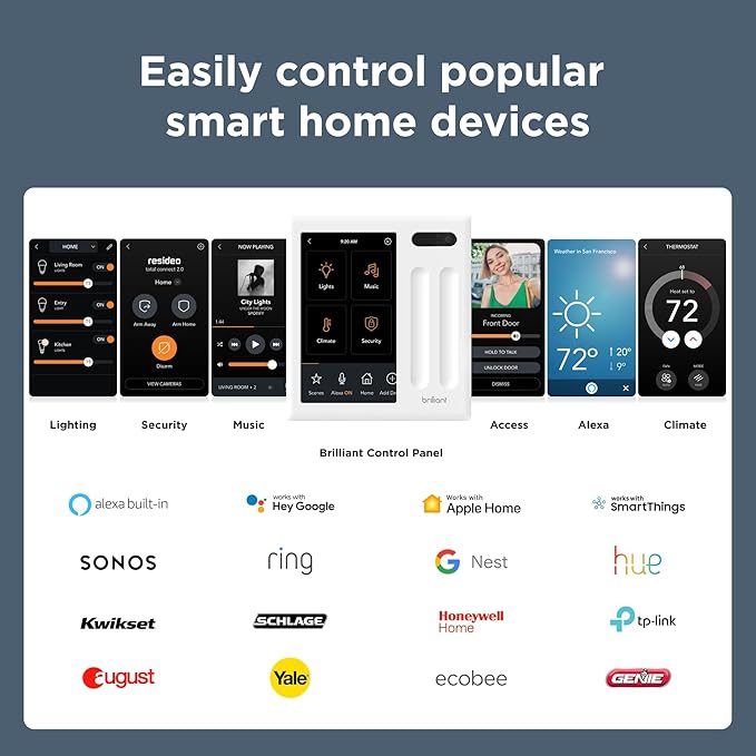 Brilliant Smart Home Control (Plug-In Panel) — Alexa Built-In & Compatible with Ring, Sonos, Hue, Google Nest, Wemo, SmartThings, Apple HomeKit — In-Wall Touchscreen Control for Lights, Music, & More