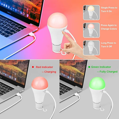 2 Pack 5200mAh Rechargeable Light Bulbs with Remote E26 Battery Operated Light Bulb for Lamps and Sconces,Dimmable Wireless Emergency Light Bulbs with Hook,3 Color Temperatures & 12 RGB Color Changing