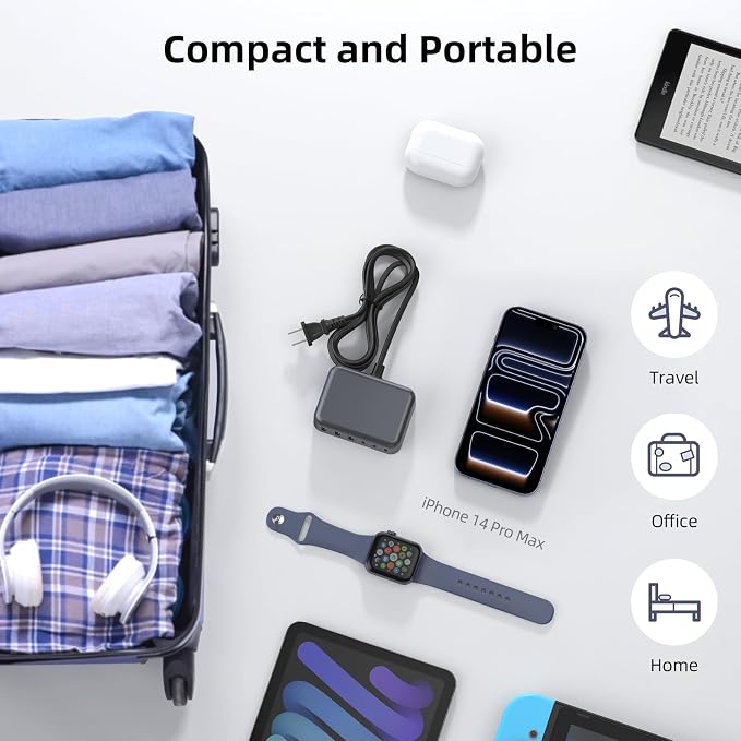 100W 6 in 1 USB Charger, 50% Smaller Charging Station for Multiple Devices | Fast Charging Blocks with Type C Port, USB Charging Hub Organizer Multiport Power Strip for iPhone,Samsung,Ipad,Kindle,Travel
