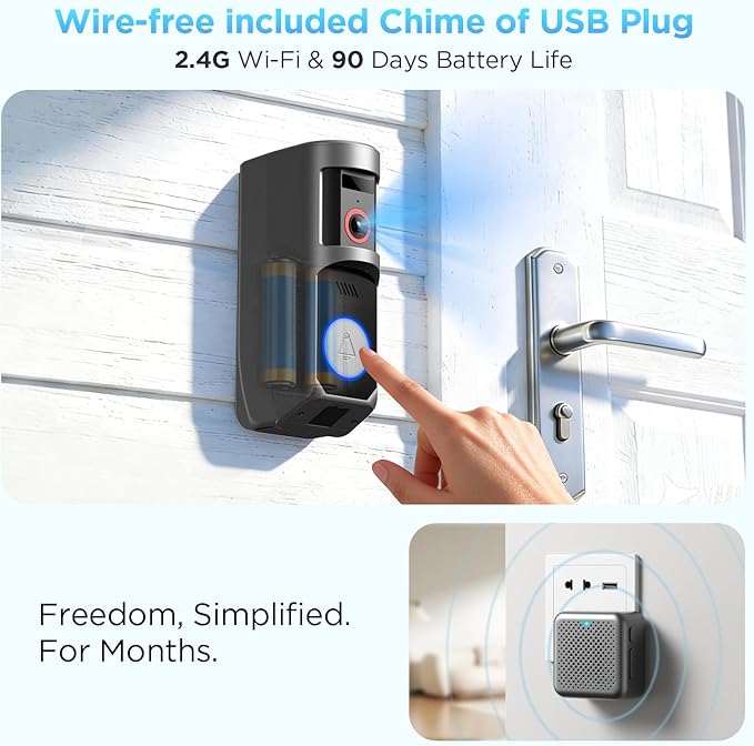 Wireless Battery Video Doorbell Camera 1080P with Chime, 92° Angle View with Pan Rotation 60°, Two Way Audio, AI Motion Detection, IR Night Vision and Cloud Storage, 2.4G Wi-Fi only