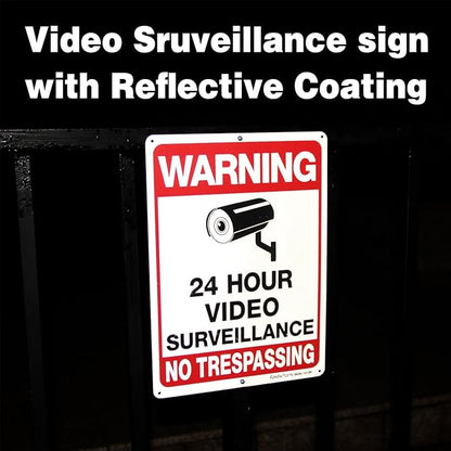 Video Surveillance Sign, No Trespassing Sign, Metal Reflective Warning Sign, 4 Pack, 14x10 Inches .040 Aluminum, Indoor or Outdoor Use for Home Business CCTV Security Camera,UV Protected & Waterproof