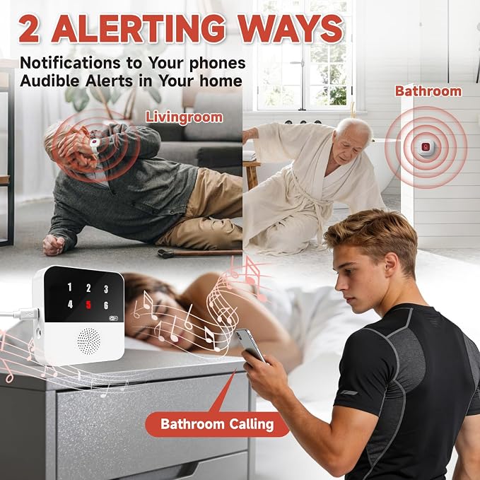 WiFi Wireless Caregiver Pager for Elderly, Wi-Fi Pager | No Monthly Fee, 2 Waterproof Caregiver Call Buttons and 2 Wristbands Panic Button, Life Alert System with App