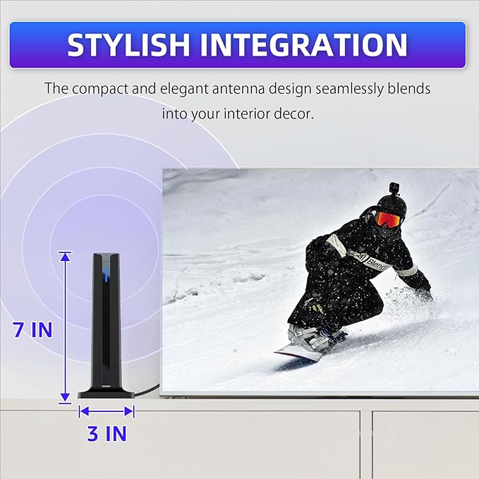Digital Antenna for Smart TV Indoor, 2026 HD Antennas with 3M-Stick Base, 360°&Long Range Reception 4k 1080p for Local Channels, Easy Setup Antenna for TV Without Cable (Black)