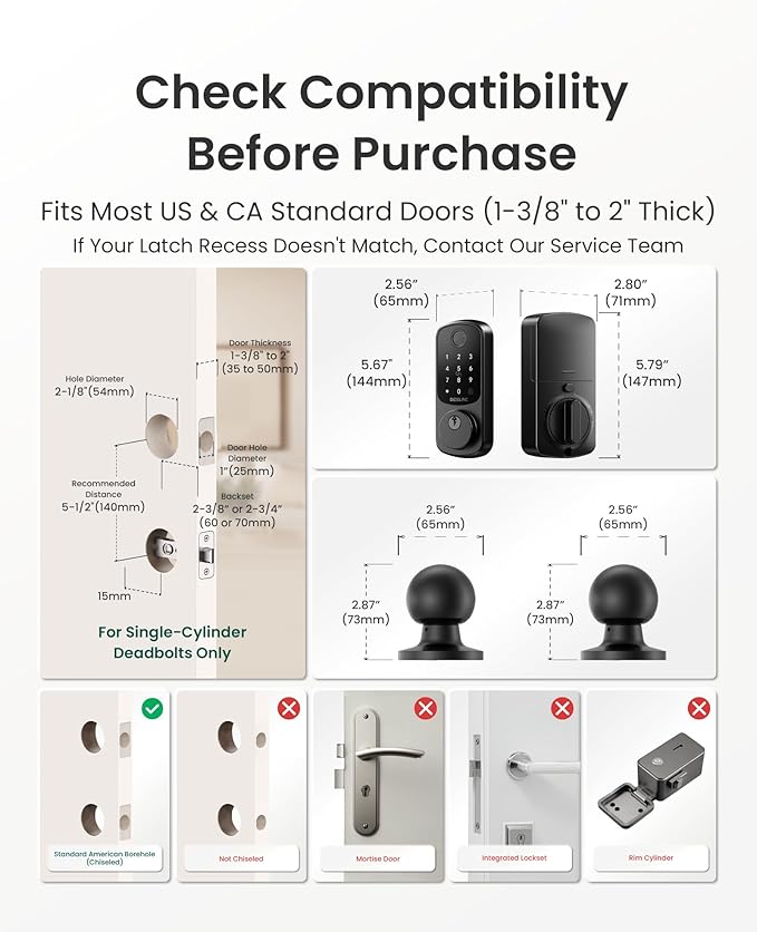 DESLOC B200 Fingerprint Smart Lock with 2 Knobs, Keyless Entry Front Door Lock Set, Electronic Keypad Deadbolt, App Control, Auto Lock, Long Battery Life,Matte Black