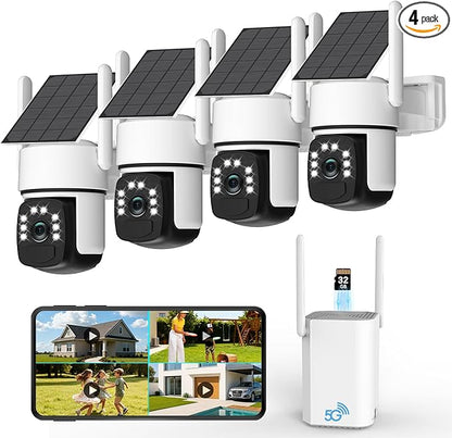Solar Security Cameras Wireless Outdoor,4 Cam-Kit,Solar-Powered,No Subscription,Home Security Cameras System with 4MP Color Night Vision,Auto Tracking,Spotlight & Siren,32GB Memory Card,2.4 & 5G WiFi