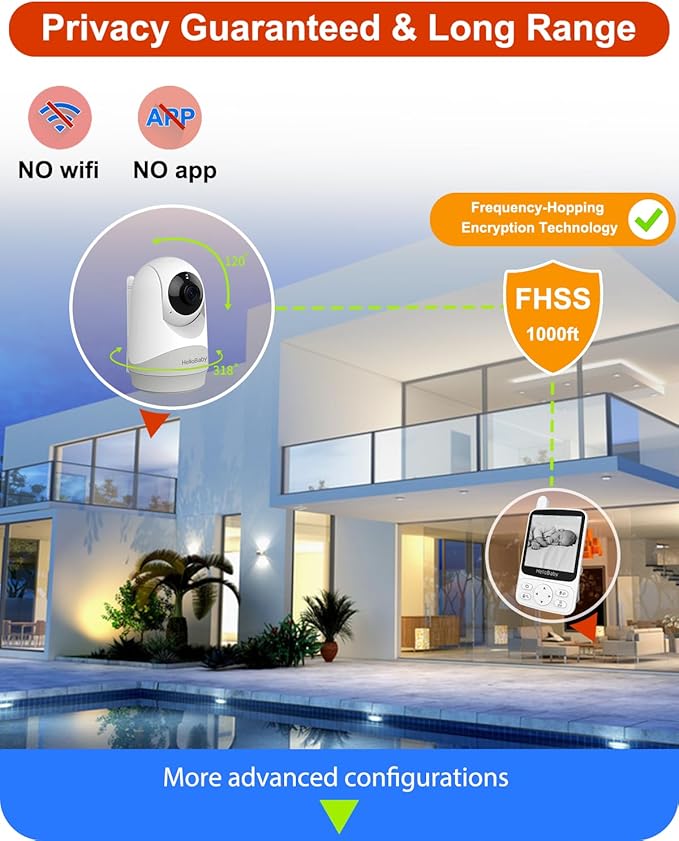 HelloBaby No WiFi Baby Monitor with Voice-Activated Night Vision,4" IPS Camera and Audio, 2-Way Talk and PTZ, 26H Battery and 1000ft Range, Portable for Nursery and Travel