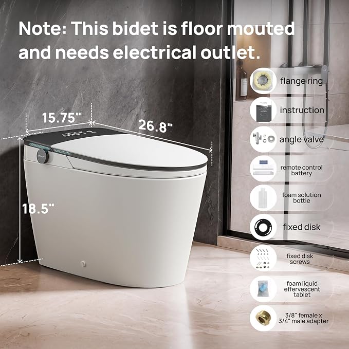 Smart Toilet with Bidet Built-in: Bidet Toilet with 5L Tank, Remote with Display, 5 Level Adjustable Heated Seat& Wash &Dryer, One Piece Toilet with Auto Flush Lid&Seat, Foam, Foot Sensor, UV-C Light
