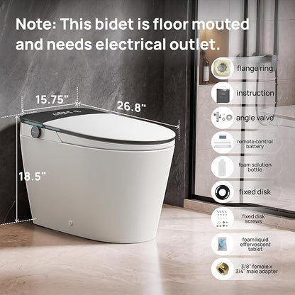 Smart Toilet with Bidet Built-in: Bidet Toilet with 5L Tank, Remote with Display, 5 Level Adjustable Heated Seat& Wash &Dryer, One Piece Toilet with Auto Flush Lid&Seat, Foam, Foot Sensor, UV-C Light