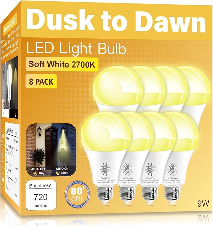Gonhom 8 Pack Dusk to Dawn Light Bulbs Outdoor, 2700K Warm White, 720LM, 9W(60W Equivalent) A19 E26 Automatic On/Off LED Sensor Light Bulbs, Dusk to Dawn Outdoor Lighting for Porch Garage Patio