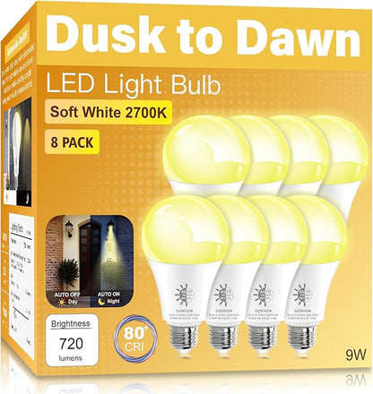 Gonhom 8 Pack Dusk to Dawn Light Bulbs Outdoor, 2700K Warm White, 720LM, 9W(60W Equivalent) A19 E26 Automatic On/Off LED Sensor Light Bulbs, Dusk to Dawn Outdoor Lighting for Porch Garage Patio