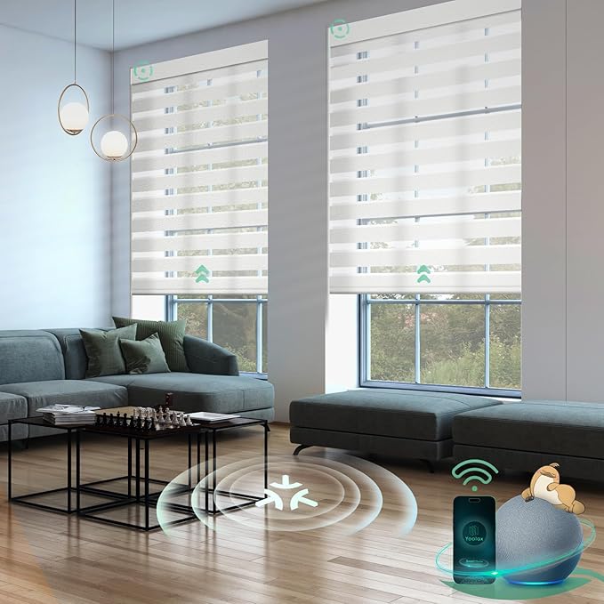 Yoolax Motorized Matter Zebra Blinds Compatible with Alexa, Google Home, Apple HomeKit, Light Filtering Smart Blinds, Privacy Light Control Horizontal Window Blind for Home (60% Shading Sheer White)