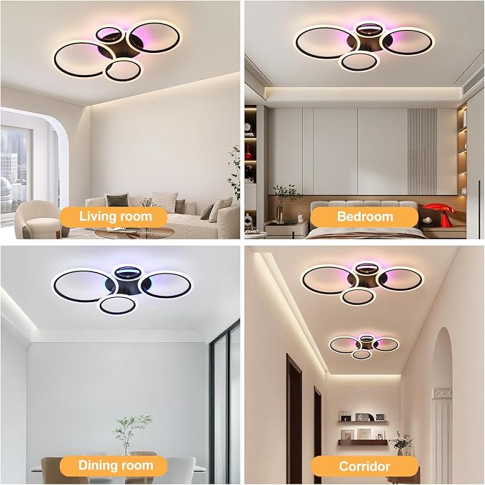 Modern LED Ceiling Light, 50W 4 Ring Flush Mount RGB Fixture | Black Ceiling Light Fixture with Remote, Dimmable 3000K-6000K, 10%-100% Brightness, RGB Backlight for Bedroom Living Room