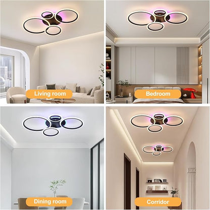 Modern LED Ceiling Light, 50W 4 Ring Flush Mount RGB Fixture | Black Ceiling Light Fixture with Remote, Dimmable 3000K-6000K, 10%-100% Brightness, RGB Backlight for Bedroom Living Room