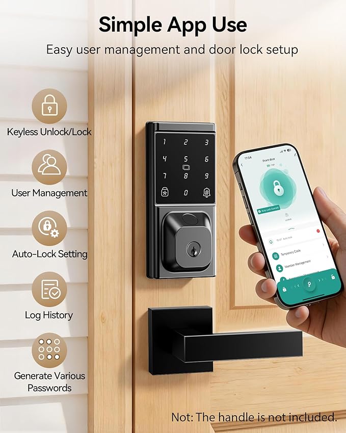 Smart Deadbolt Lock, Keyless Entry Door Lock, Fingerprint, Electronic Touchscreen Keypad, APP Control, Temporary Passcode, Auto Lock, IP54 Waterproof, Easy Install for Front Door