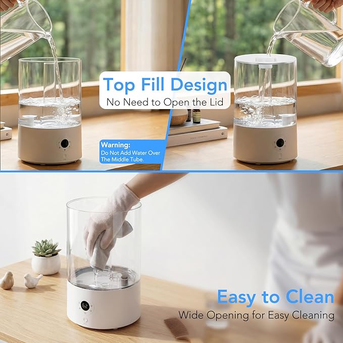Electactic 4L Top Fill Humidifier for Bedroom, Auto Constant Humidity, Smart Control, Quiet Ultrasonic Cool Mist, 360° Nozzle, 3 Mist Levels, 7-Color Light for Home Office Baby Room