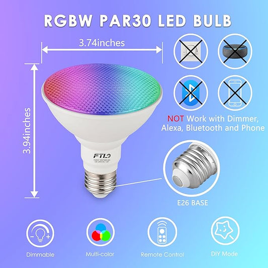 FTL PAR30 LED Color Changing Light Bulb with Remote Control, RGB Dimmable Colored Light Bulbs 10W=65W, 2700K-6000K, 30 Colors, Timer, Indoor Flood Light Bulbs for Recessed Can Lighting 2-Pack