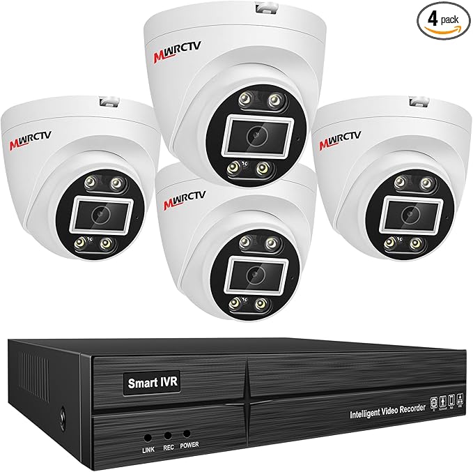 MWRCTV 4K PoE Security Camera System,4 X 8MP Wired Dome PoE Cameras for Home Security,HD 2.8mm Wide Angle Lens,Smart Dual Light,AI Human/Vehicle Detection,8 Port 16CH 4K NVR(NO HDD Include)