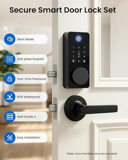 Smart Door Lock, Fingerprint Keyless Entry Door Lock Front Door App Control, Electronic Touchscreen Keypad Deadbolt, Auto Lock, IP54 Waterproof, Easy Install